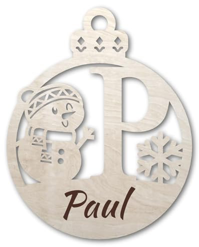 Urhome Weihnachtskugel personalisiert mit Wunschtext Gravur Buchstabe P mit Schneeman Motiv Hell Braun - Ornament Christbaumschmuck Weihnachtsdeko Weihnachtsbaum Anhänger aus 6,5mm Holz