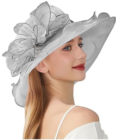 SRZYMJ Grey Damenhut Organza Hut Hochzeit Anlasshut Brauthut Sonnenhut Blumen eleganter Sommerhut Sonnenschutz Strandhut Strohhüte Weinrot Sonnenhut Damen Weiß Fischerhut Weiß Hat