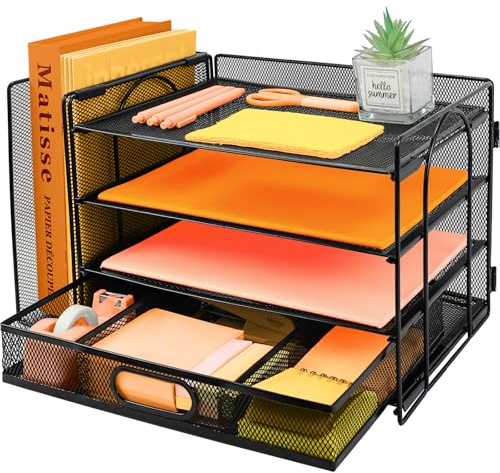 PLSOPPKG Papier-Briefablage, Schreibtisch-Organizer mit vertikalem Aktenhalter, Schreibtisch-Organizer mit Schublade, A4-Papierablagen, Zeitschriftenhalter für Heimbüro, Schwarz