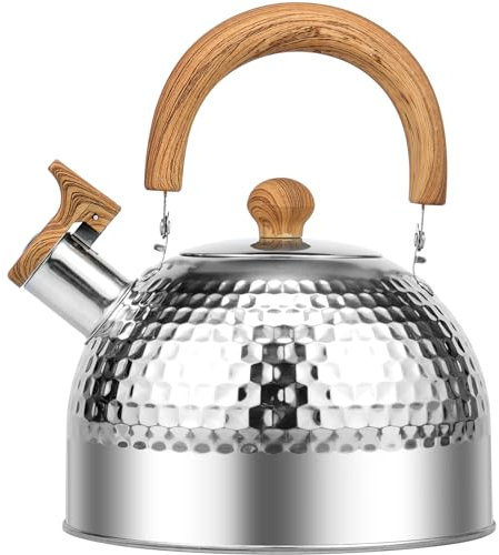 Whistling Kettle with Anti-Scald Handle, 2L Food Grade Stainless Steel Stove Top Kettle, Retro Style Teapot Camping Kettle for Kitchens Gas Stove Induction Cooker (Silver)