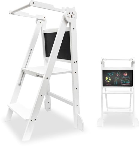 Oemmie Torre Montessori Pieghevole in Legno Bianco – Torre di Apprendimento per Bambini con Lavagna e Altezza Regolabile, Salvaspazio, Sicura e Stabile per Cucina e Bagno