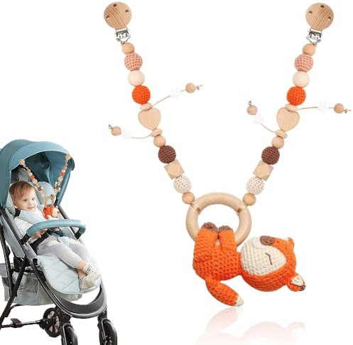 KBIBCK Gehäkelte Kinderwagenkette aus Holz und Baumwolle für Baby Mädchen, ab 0+ Monaten (Fuchs)