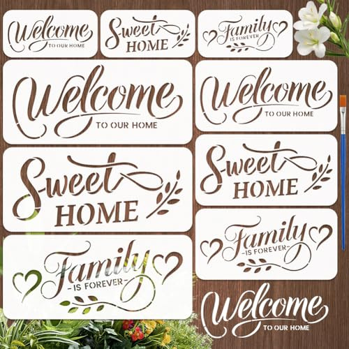 FINGERINSPIRE 9 Stück Willkommensschablone Zum Malen Mit Pinsel 9 Stile Wiederverwendbare Vorlage Willkommen In Unserem Zuhause Ausgehöhlte Schablone Sweet Home Vorlage Mit Textthema Familie Ist