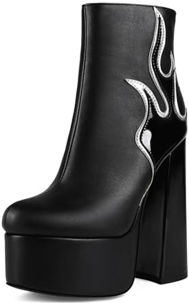 Veelau Meieer Damen Stiefeletten Plateau Knöchelhohe Stiefel Blockabsatz Chunky Ankle Boots mit Flammenmuster Punk Glatt und Lack Schwarz Silber 35 EU