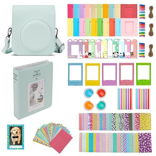 Mumlicha Étui pour appareil photo instantané Instax Mini 12 avec 64 poches, album photo et filtre de couleur, cadre photo, cadre photo, autocollant de cadre, autocollant d'angle, vert