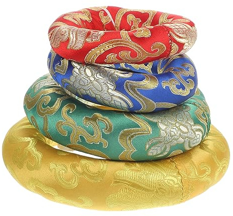 Buddhistische Klangschalenkissen 4 Stück-Pack, Handgefertigt aus Nepal | Ringform aus Baumwollstoff, Wolkenmuster, China Stickerei, für Meditation, Yoga, Sing und Tibeterschale, Druckentlastend