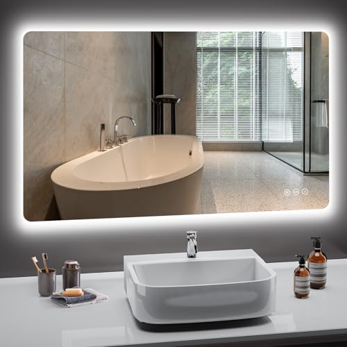 PESENXAN Badezimmer Spiegel mit Beleuchtung, Led Bad Spiegel mit Licht, 3 Lichtfarben, Dimmbar, Antibeschlag, Speicherfunktion, Touch-Schalter, Explosionsgeschütztes Glas, LED Wandspiegel 100x60cm