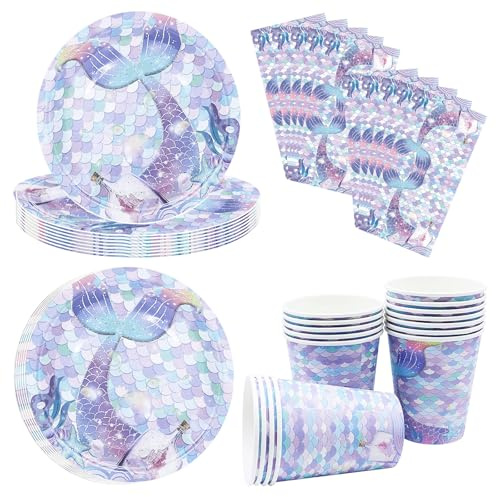 Juego Vajilla Sirena, Completo para 16 Invitados, Decoración para Cumpleaños Infantil con Platos, Vasos, Servilletas, Vajilla Desechable de Tema Marino para Fiesta de Niñas (Sirena)