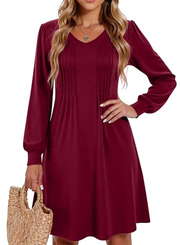 Kleid Herbst Damen Elegant Einfarbige Kuzarm Freizeitkleider V-Ausschnitt Midi Herbstkleid A-Linie Strandkleid Loose Swing Plisseekleid mit Taschen 2#Wein L