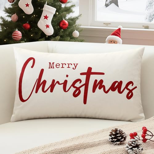 Sungeek 1 Stück Weihnachten Kissenbezug, Winter Kissenbezüge Dekorative Zierkissenbezüge Weihnachtsdeko Kissenhülle für Sofa Wohnzimmer Schlafzimmer (30x50 cm, Rot Merry Christmas)