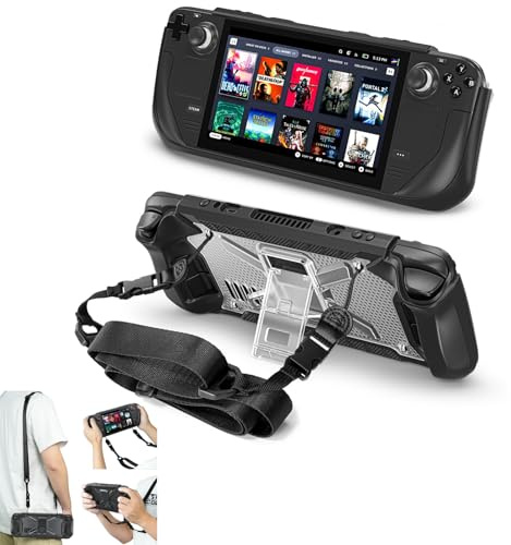 Protective Case for Steam Deck – Transparent Black Shockproof PC+TPU Cover with Kickstand & Shoulder Strap, Anti-Slip Scratch-Resistant Full Body Shell with Heat Dissipation Design (Transparent color)