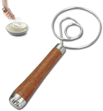 Stainless Steel Hand Whisk, Danish Dough Whisk with Wood Handle, Efficient Sourdough Mixing Gadgets for Bakers, Single-Loop Hand Mixers for Baking & Dough Kneading