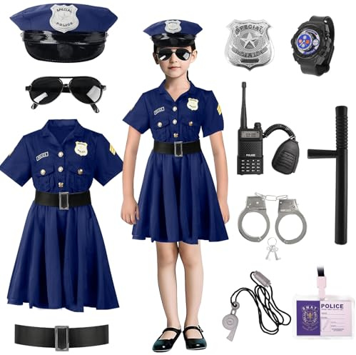 Moiuguli Polizei Kostüm Kinder Mädchen, Polizeikostüm mit Handschellen, Polizeimütze, Dienstmarke, Uhr, Polizeiausweis, Walkie-Talkie, Pfeife, Schlagstock, Sonnenbrille für Karneval Cosplay Party 115
