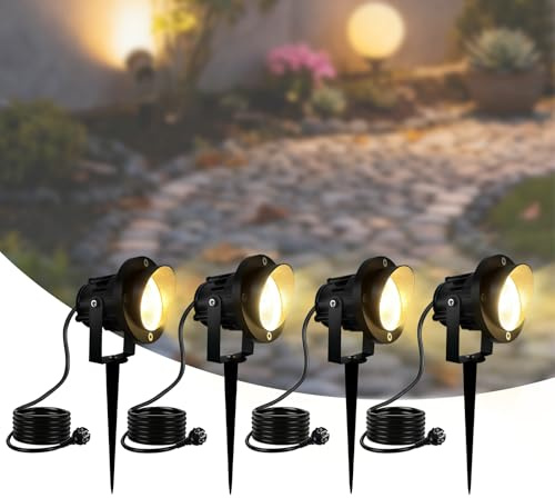 Hopelit 4 luci da giardino con corrente, luce bianca calda, 10 W, LED da giardino con picchetto, IP65, impermeabili, per esterni, giardino, prato, cortile (cavo da 1,5 m con spina)