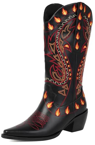 Läder cowboystövlar Mid Calf höjd flambroderi design spets tå blockklack för gotiska västerländska evenemang, svart, 40 EU