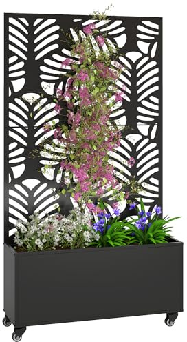 Outsunny Jardinera Exterior Grande de Metal con Ruedas, Jardinera con Pantalla de Privacidad de Hojas de Monstera, Macetero con Enrejado para Plantas Trepadoras, Patio, Terraza, 90x30x160 cm, Negro
