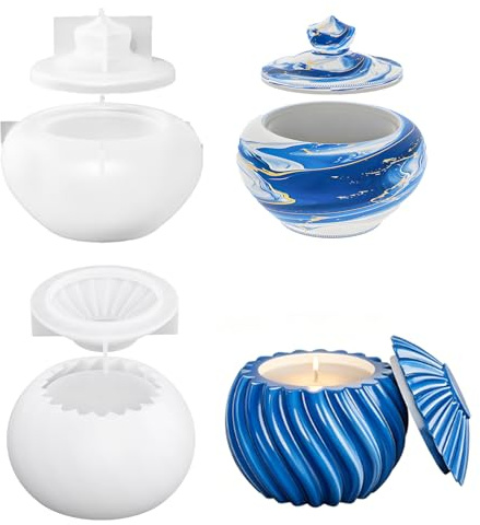 YRIHJIXQ Lot de 2 moules en silicone en résine époxy avec couvercle Moule rond (lisse et strié) pour boîtes de rangement,bougeoirs,boîtes à bijoux