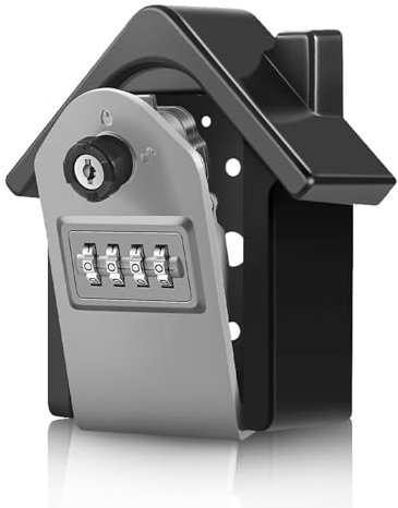 Flexzion Caja de seguridad con forma de casa para guardar llaves, cerradura de combinación de 4 dígitos, soporte para llaves de seguridad, caja de almacenamiento de código, caja de bloqueo de cifrado