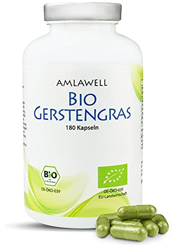 AMLAWELL Bio Gerstengras Kapseln – 180 naturreine Gerstengraskapseln (500 mg Gerstengraspulver pro Kapsel), vegan, ohne Zusatzstoffe