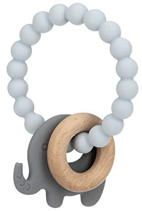 Nuby Natural Wood & Silicone Teether Ring: 3 M+, Elephant, Gray