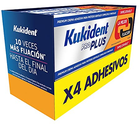 Kukident Pro Plus Crema Fijadora para Prótesis Dental (Pack 4 x 40 gr), Doble Acción