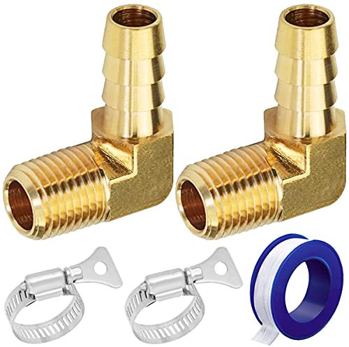 Youmile 2PCS Raccords de Tuyau en Laiton 3/8 Pouces (10mm) Barb x 1/4 NPT Mâle 90 Degrés L-Type Barb Fitting Union Adaptateur pour Eau/Carburant/Air avec Collier de Tuyau 4PCS, Ruban de Joint Fileté