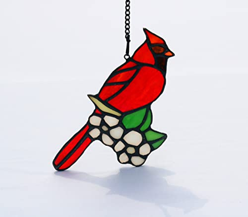 Boxcasa Weihnachtsschmuck mit roter Kardinal mit Blume – Buntglas-Fensterdekoration, Vogel-Dekoration, Sonnenfänger für Fenster, Kardinal-Gedenkgeschenke für Oma