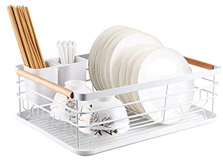 SBTXHJWCGLD Escurridor de Platos Escurridor de Platos Escurridor de Platos con Bandeja de Goteo Utensilios Cesta para Cubiertos Asas de Madera, 43 × 30 × 14 cm