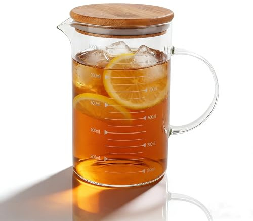 Brocca in vetro, brocca per acqua in vetro con coperchio in legno Brocca per succo trasparente con scala graduata Caraffa per acqua 33,8 once/1000 ml
