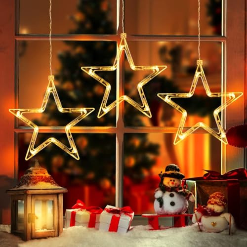 GlobaLink Christmas Star Window Lights, 3Pack 30LEDs Battery Powered Timer Window Star Hanging Lights, Waterproof Backdrop String Lights with 8 Modes for Indoor Outdoor Home Bedroom Party - Warm White