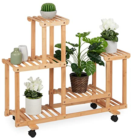 Relaxdays Pflanzenregal, Blumenständer mit 6 Ablagen, Bambus, HxBxT 79 x 95 x 36 cm, rollbar, Blumenregal innen, Natur