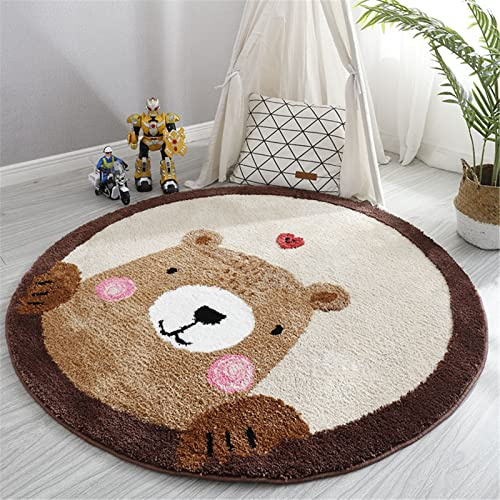 GLITZFAS Rund Kinderteppich, Flauschige Kinderteppich Cartoon-Tiere Runder Teppich Faux-Lamm Kurzflor Teppich für Kinderzimmer Mädchen Jungs (Braunbär,Durchmesser 100cm)