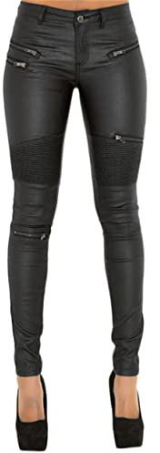 Generisch JIER Damen Lederhose Sexy Skinny Bikerhose PU Leder Look mit Reißverschluss Biker Pants Leggings Große Größe Jeanshose Denim Bleistift Hose Jeanshose (Schwarz 1,M,M)