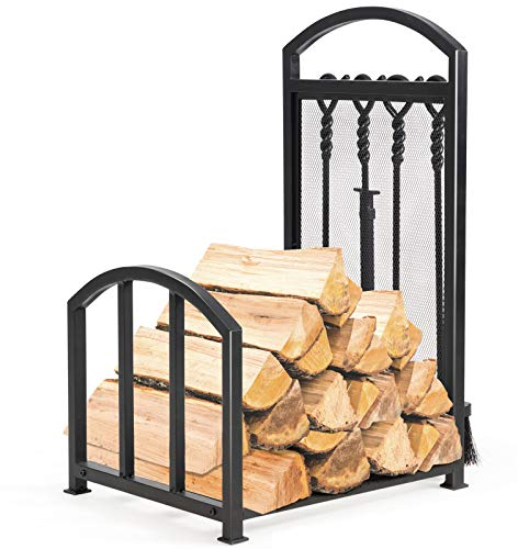 GOPLUS Kaminholzregal mit 4 tlg. Besteck, Brennholzregal mit Schürhaken, Zange, Besen & Schaufel, Feuerholzregal für Innen- & Außenbereich, Feuerholzablage aus Metall für Kamin & Ofen