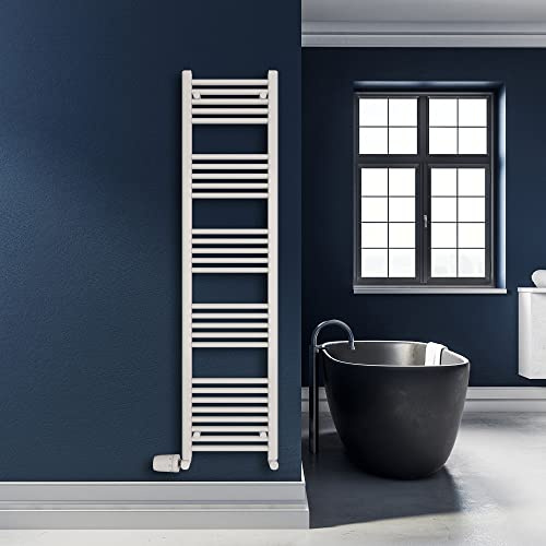 SHV Badheizkörper Leo mit Seitenanschluss in glänzendem Weiß - 400 x 1600 mm | Heizkörper für Badezimmer, Handtuchhalter für Wand im Bad, Handtuchheizkörper, Handtuchtrockner aus Stahl