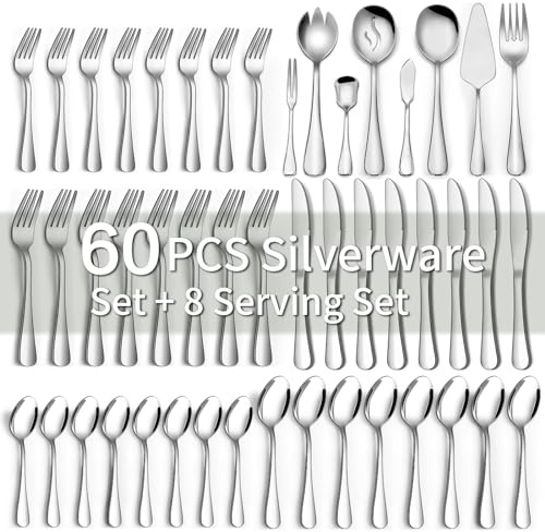 68 Pieces Silverware Set with Serving Utensils Set, CEKEE Stainless Steel Flatware Set for 12, Heavy Duty Cutlery Set, Kitchen Utensil Sets for Home Restaurant, Mirror Finish, Dishwasher Safe