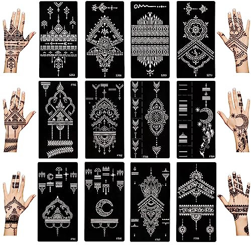 12 fogli Kit di stencil temporanei per tatuaggi all'henné per le mani