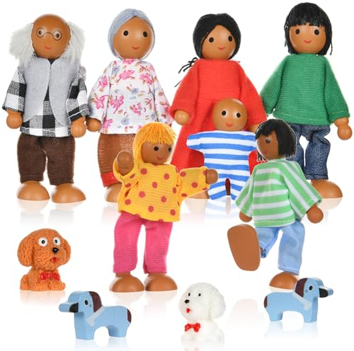 Aolso Familia de Muñeca de Madera: Conjunto de 7 Personas, Accesorios y Juguetes de Muñeca