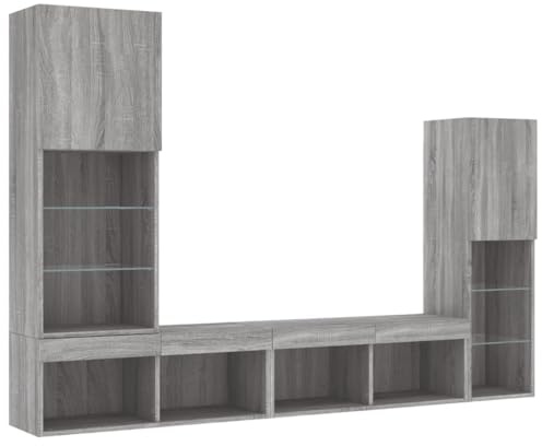 vidaXL Wohnwand 4-TLG., Schrankwand mit viel Stauraum, Anbauwand mit LED-Beleuchtung, Wandmontage Fernsehschrank Wohnzimmer Set Schrank, Grau Sonoma Holzwerkstoff