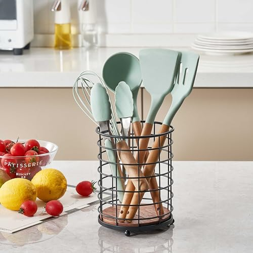 Eden & Willow Rustic Metal Cutlery Holder Basket with Wooden Base for Kitchen Utensils Organisation
