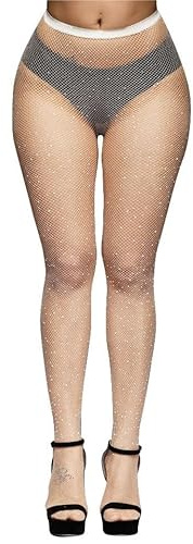 CozyWow nätstrumpbyxor dam elastisk urholkning hög midja fisknät strumpbyxor sexiga strumpeband lår höga strumpor för kvinnor, Vit med diamant, one size