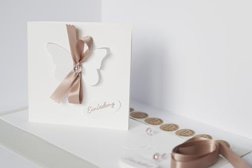 Einladungskarten, Bastelset, DIY, Karten, Taufe, Kommunion, Schmetterling, rosegold, Sonne, beige, weiß, selber machen, basteln, Goldschrift, dezent, 10