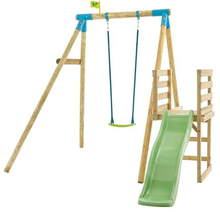 TP Toys Robin Compact Swing And Slide Set With Play Activities - Swing, Slide And Climb Includes 2 Seater Glider, Soft Webbing & Long Slide. Wraparound Swing Collars, FSC Certified Timber - 3 Years +