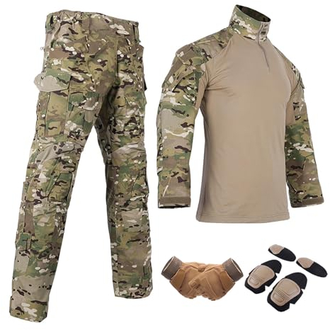 Militärische Taktische Anzüge Langarm-Rip-Stop-Uniformen Taktische Herren Kampfuniform mit Ellbogenschützern,Knieschützern und Kampfhandschuh Militärische Taktische Anzüge,Camo-2XL