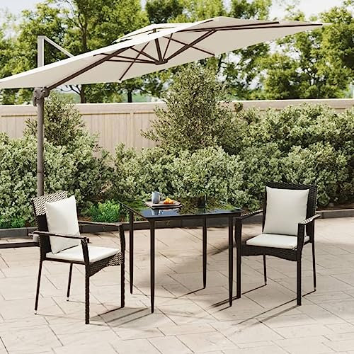 KATERYY 3-TLG. Garten-Essgruppe mit Kissen Schwarz Poly Rattan,Moderne Gartengarnitur aus Polyrattan und Metall Schwarz für Garten und Terrasse