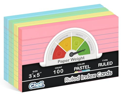 Chell Extra Heavyweight Index Cards 3x5 Inch, No Bleed-Through, 100 Count, Ruled Front and Blank Back, 80 lb. Cover Weight, Pastel Colors