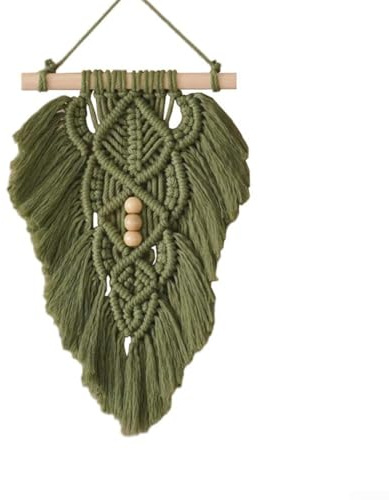 Einzigartiger Makramee-Blatt-Wandteppich mit Holzstab-Ornamenten, Boho-Wanddekoration (grün)