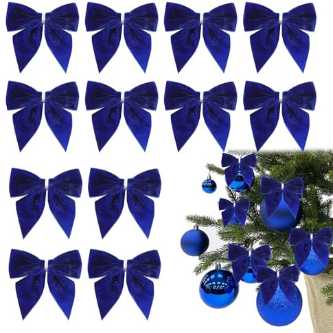 Iwiio Nœuds bleus pour décorations de sapin de Noël - Lot de 12 nœuds en velours pour sapin de Noël, nœuds pour couronne de Noël, ornements pour sapin de Noël pour décoration de fête de Noël