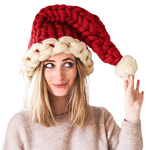 Weihnachtsmützen Nikolausmütze Erwachsene Weihnachtsmütze Erwachsene Winter Wolle Gestrickte Weihnachtsmütze Doppelseitige Samtmütze Mütze Partymütze Dicker Fellrand Wintermütze Familie (A, One Size)