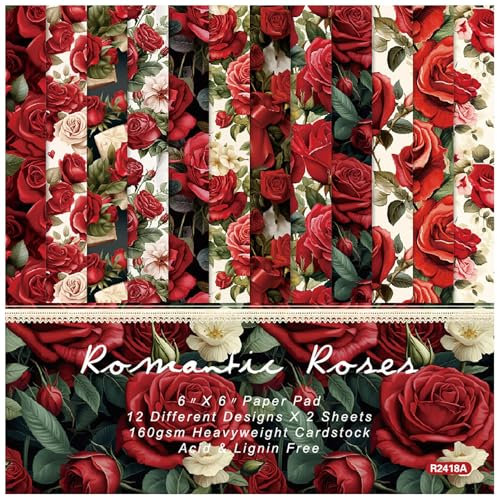 ZAKHSE Scrapbook Papier, 48 Blatt Motivpapier Valentinstag 15,2×15,2cm, Rote Rose Einseitig Bedruckt Designpapier Gemustert Bastelpapier Bunt, 160gsm Säurefrei Papierblock für DIY Sammelalbum